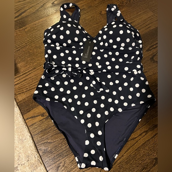 City Chic Swim Brand New Thick Strap Navy Polka Dot Bathing Suit — free download